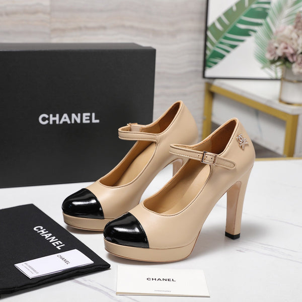 CC Buckle Platform Pumps 100mm Black Beige Lambskin 425880