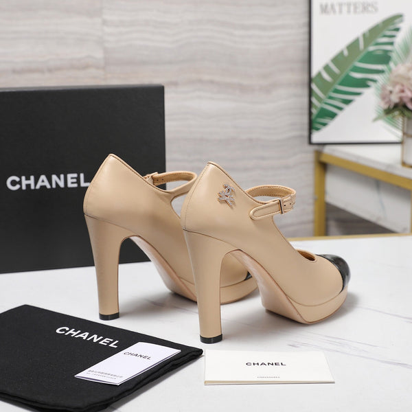 CC Buckle Platform Pumps 100mm Black Beige Lambskin 425880