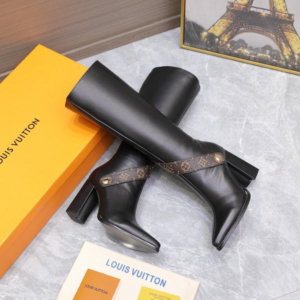 LV x Silhouette V-heel Pointed Toe Knight Long Boots 95mm Black Sheepskin 425685