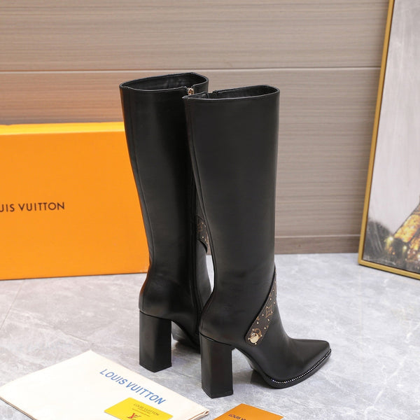 LV x Silhouette V-heel Pointed Toe Knight Long Boots 95mm Black Sheepskin 425685