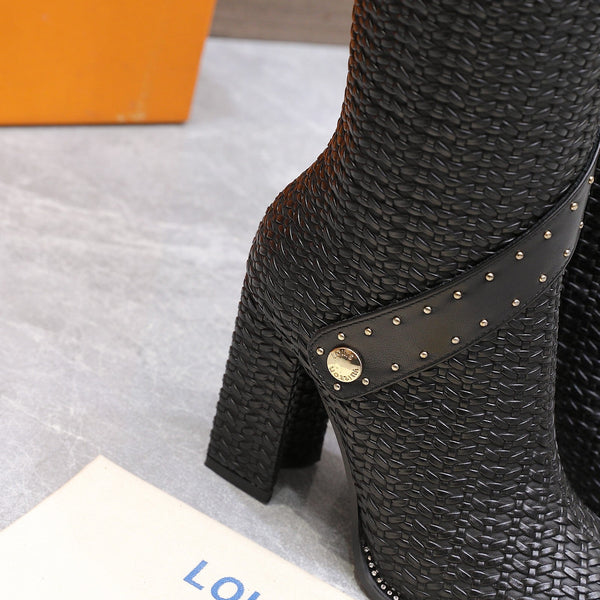 LV x Silhouette Basketweave Pattern Long Boots 95mm Black Leather 425686