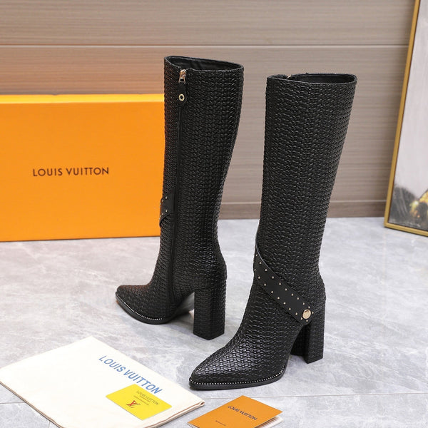 LV x Silhouette Basketweave Pattern Long Boots 95mm Black Leather 425686