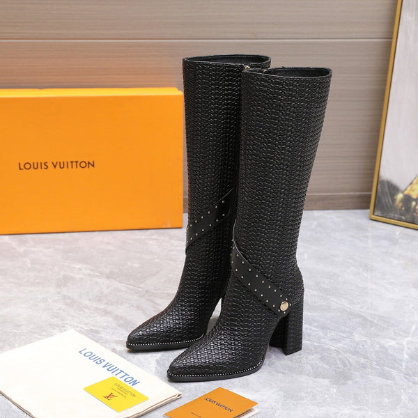 LV x Silhouette Basketweave Pattern Long Boots 95mm Black Leather 425686
