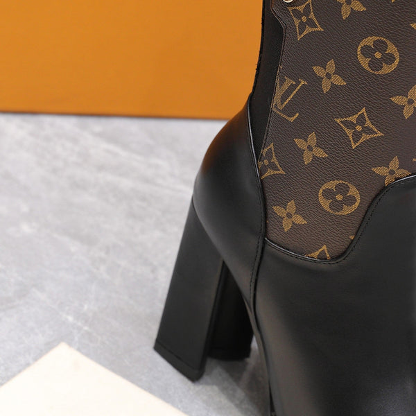 LVx Silhouette Ankle Boot 95mm Brown Black Calfskin & Monogram Canvas 425688