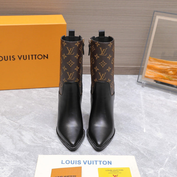 LVx Silhouette Ankle Boot 95mm Brown Black Calfskin & Monogram Canvas 425688