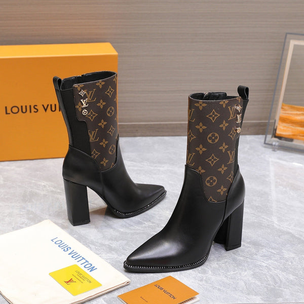 LVx Silhouette Ankle Boot 95mm Brown Black Calfskin & Monogram Canvas 425688