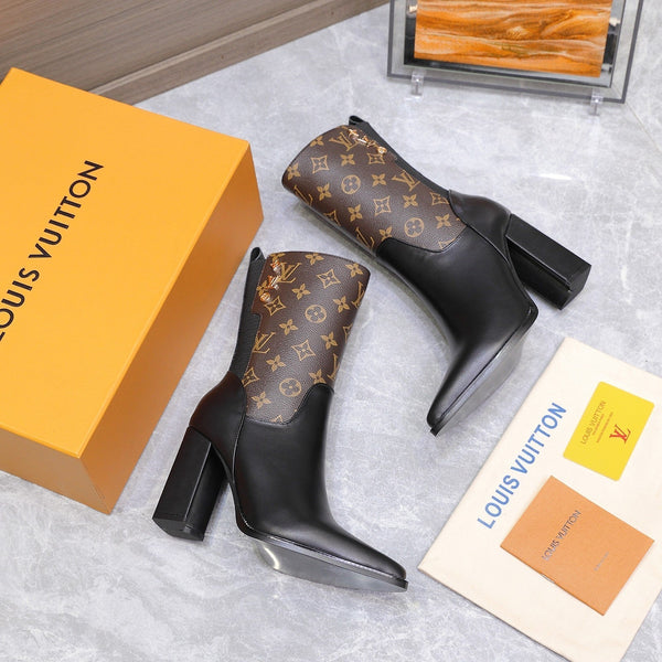 LVx Silhouette Ankle Boot 95mm Brown Black Calfskin & Monogram Canvas 425688