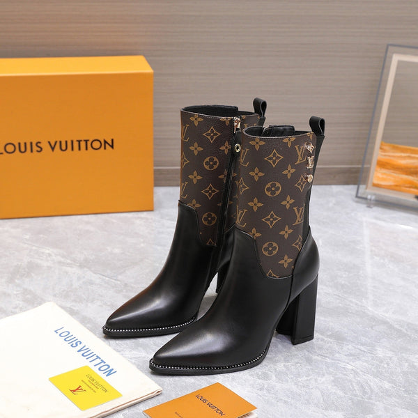 LVx Silhouette Ankle Boot 95mm Brown Black Calfskin & Monogram Canvas 425688