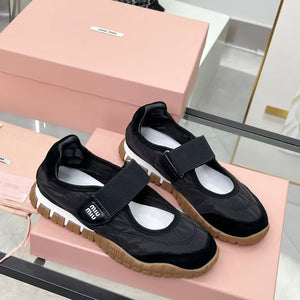 Miu Tyre Ballerina Shoes Black Suede Fabric 456339