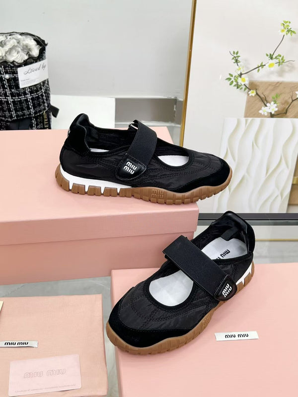 Miu Tyre Ballerina Shoes Black Suede Fabric 456339