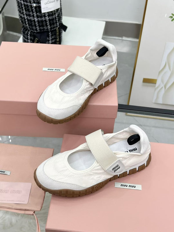 Miu Tyre Ballerina Shoes White Suede Fabric 456343