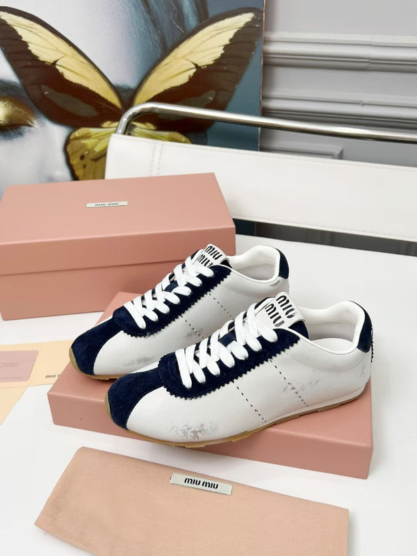 Miu Plume Sneakers Navy Blue White Cowhide Suede 456353