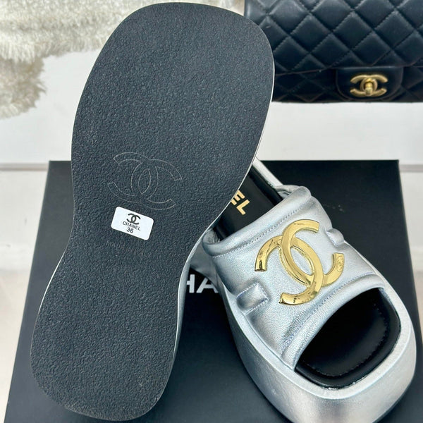 Large Double C Platform Slippers Silver