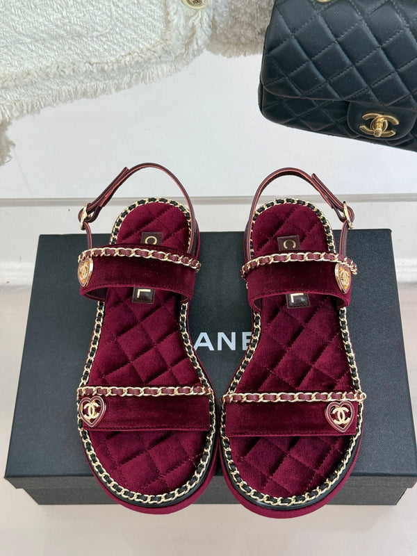 FLAT CHAIN HEART SANDAL IN PLUM PURPLE VELVET