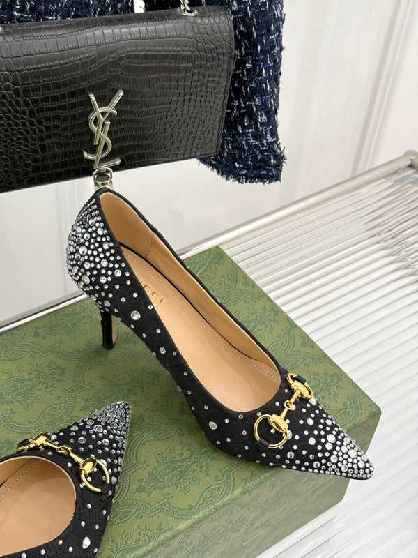 GG Pump 85 Black Ebony Canvas Crystal-Embellished