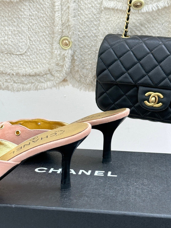 CC 25C Bowknot Pointed High Heel Half Slippers 60mm Peach Suede 265659