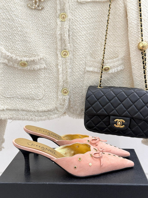 CC 25C Bowknot Pointed High Heel Half Slippers 60mm Peach Suede 265659