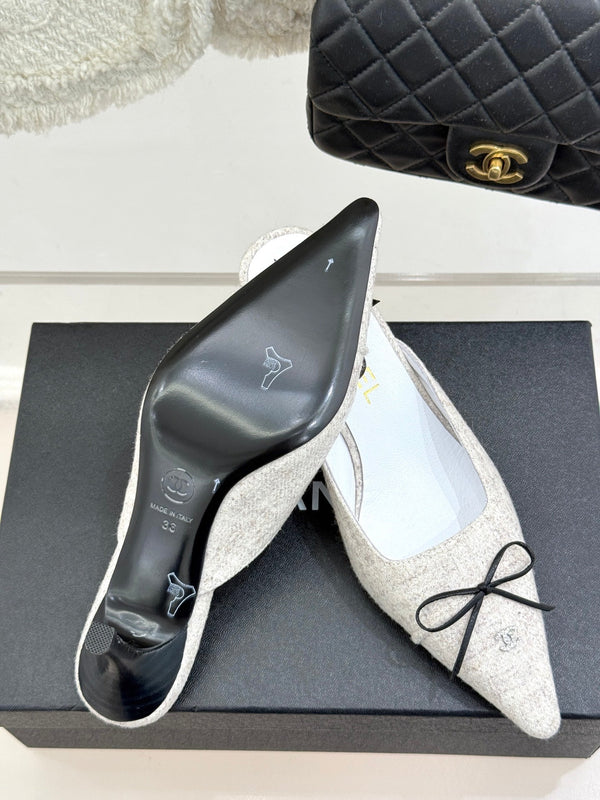 CC 25C Bowknot Pointed High Heel Half Slippers 60mm Beige Linen 265660