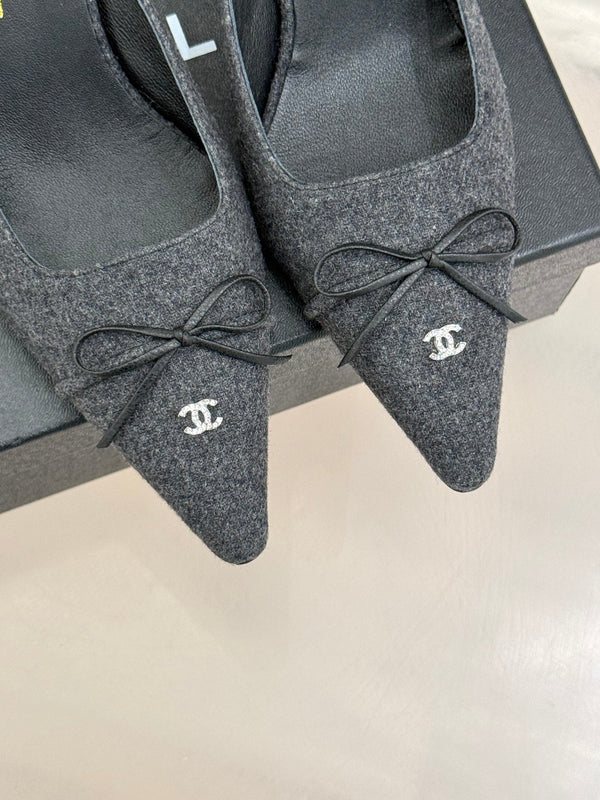 CC 25C Bowknot Pointed High Heel Half Slippers 60mm Black Linen 265662