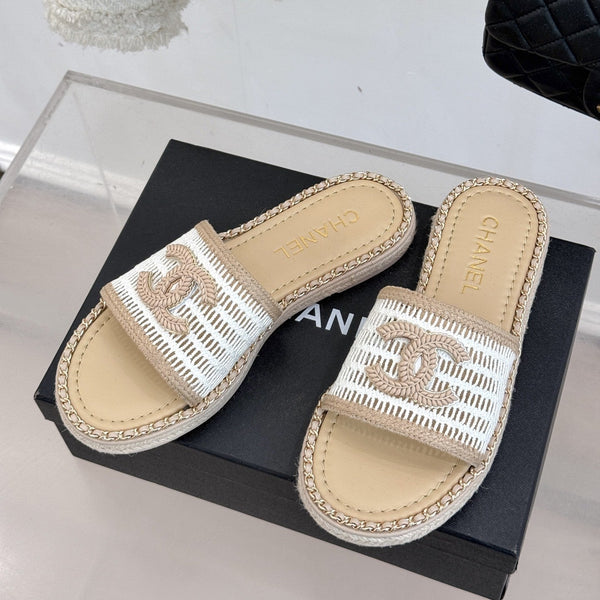 CC Mesh Hollow Chain Double C Thick-Soled Slippers 20mm Beige White 265644