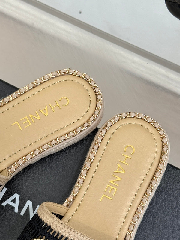 CC Mesh Hollow Chain Double C Thick-Soled Slippers 20mm Beige Black 265646