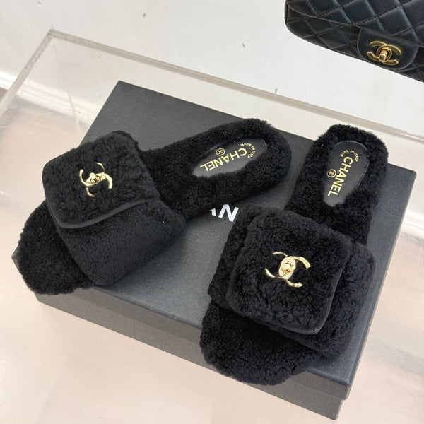Chanel 25 Buckle Flip-up Thick-soled Slippers Black Wool 465380