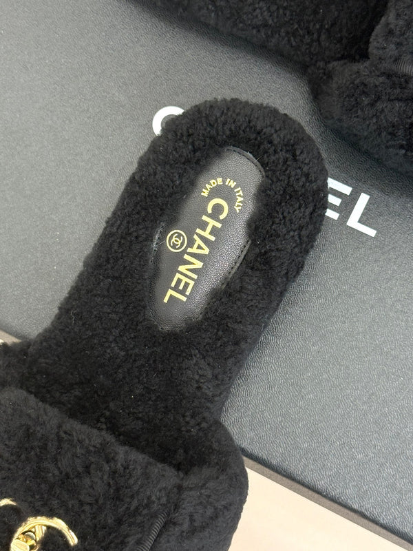 Chanel 25 Buckle Flip-up Thick-soled Slippers Black Wool 465380