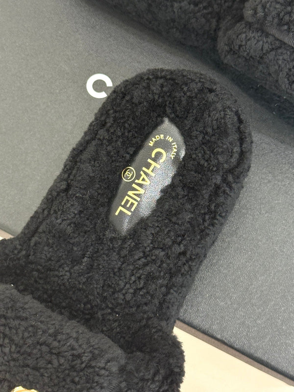 Chanel 25 Buckle Flip-up Thick-soled Slippers Black Wool 465386