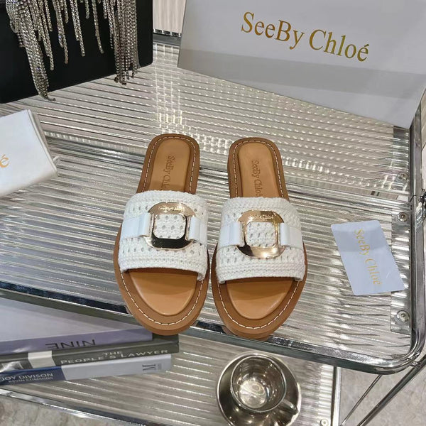 CHLOÉ WOVEN SLIDE MULE IN WHITE WOOL AND BROWN LAMBSKIN GOLD HARDWARE