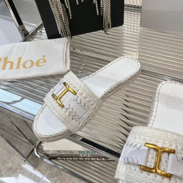 CHLOÉ WOVEN SLIPPER IN WHITE WOOL AND LAMBSKIN GOLD HARDWARE
