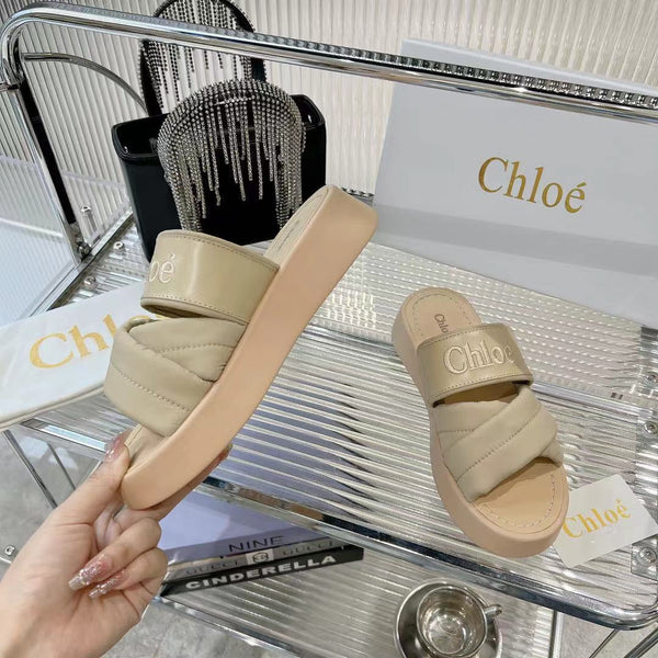 CHLOÉ MILA FLAT SLIDES 5 CM IN BEIGE EICRU CALFSKIN AND RE-NYLON