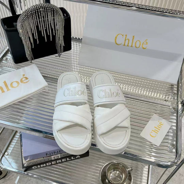 CHLOÉ MILA FLAT SLIDES 5 CM IN WHITE CALFSKIN AND RE-NYLON