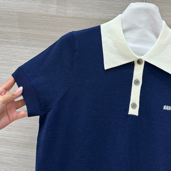 Miu Miu 25 Polo Collar Short-sleeve Knitted Top Blue Wool
