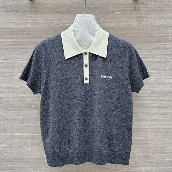 Miu Miu 25 Polo Collar Short-sleeve Knitted Top Gray Wool