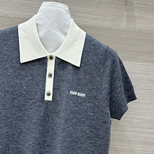 Miu Miu 25 Polo Collar Short-sleeve Knitted Top Gray Wool