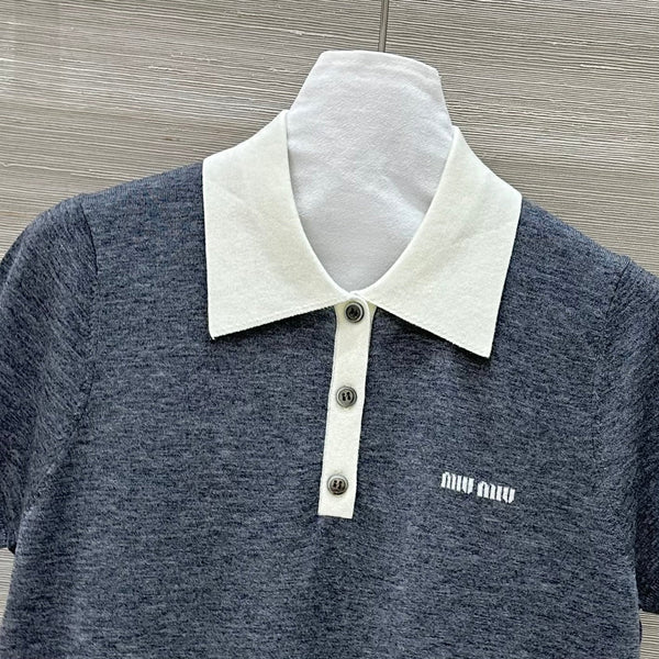 Miu Miu 25 Polo Collar Short-sleeve Knitted Top Gray Wool