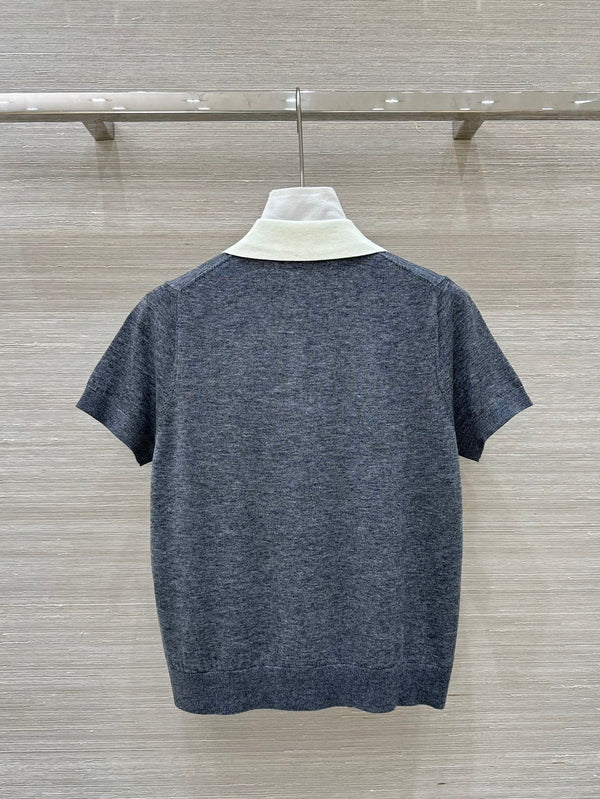 Miu Miu 25 Polo Collar Short-sleeve Knitted Top Gray Wool