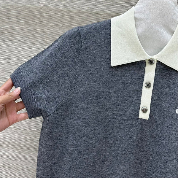 Miu Miu 25 Polo Collar Short-sleeve Knitted Top Gray Wool