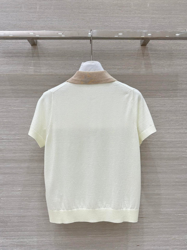 Miu Miu 25 Polo Collar Short-sleeve Knitted Top Beige Wool