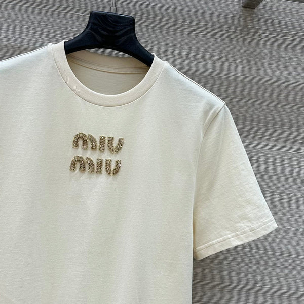 Miu Miu 25 Ribbed Cotton T-shirt Ivory Cotton