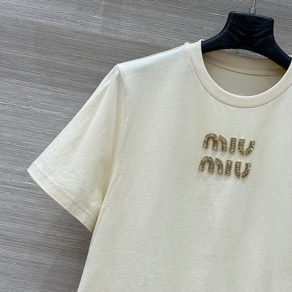 Miu Miu 25 Ribbed Cotton T-shirt Ivory Cotton