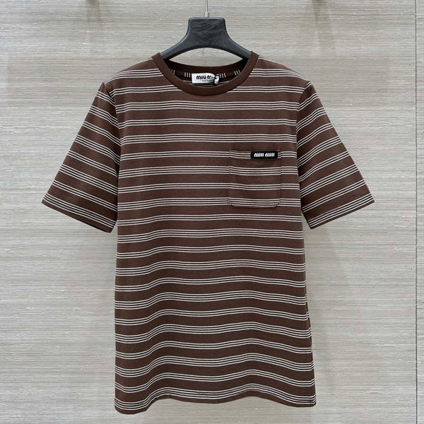 Miu Miu 25 Striped Round Neck Short-sleeved T-shirt Brown Cotton