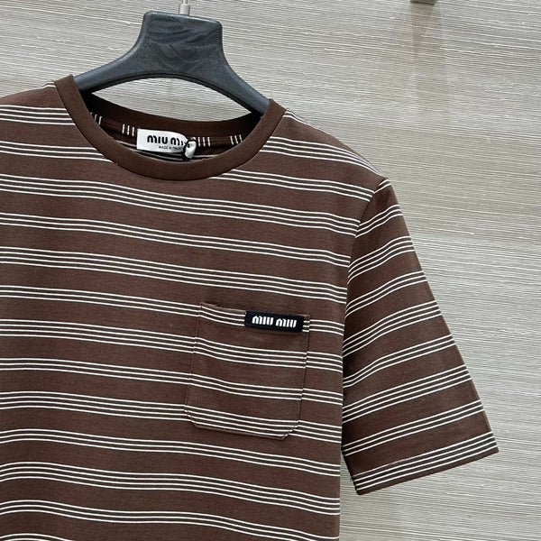 Miu Miu 25 Striped Round Neck Short-sleeved T-shirt Brown Cotton