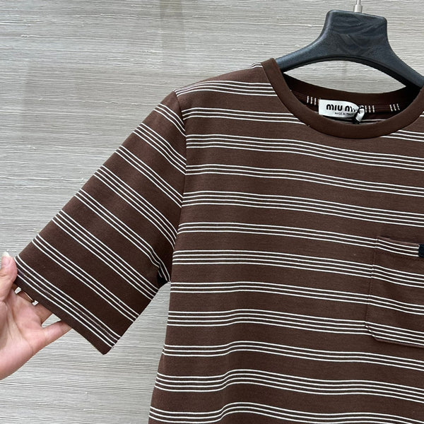 Miu Miu 25 Striped Round Neck Short-sleeved T-shirt Brown Cotton