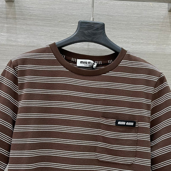 Miu Miu 25 Striped Round Neck Short-sleeved T-shirt Brown Cotton