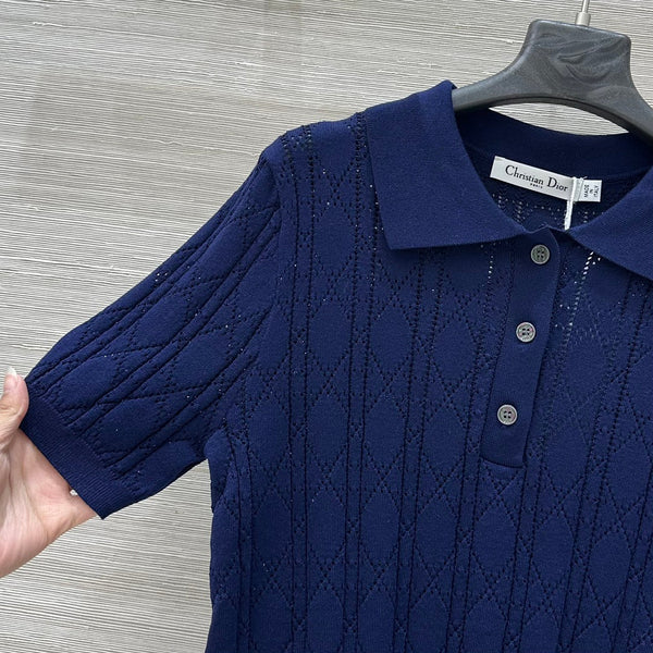 CD 25 Hollow Polo Knitted Short-sleeved Top Blue Silk Wool