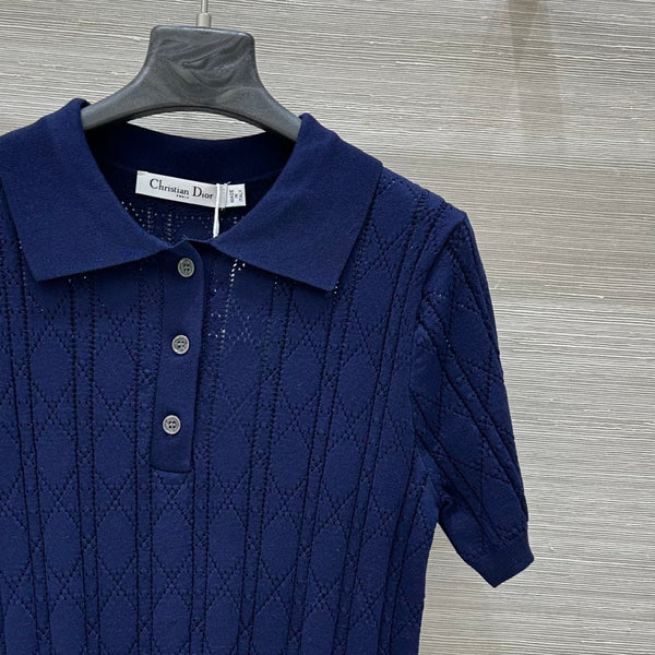 CD 25 Hollow Polo Knitted Short-sleeved Top Blue Silk Wool
