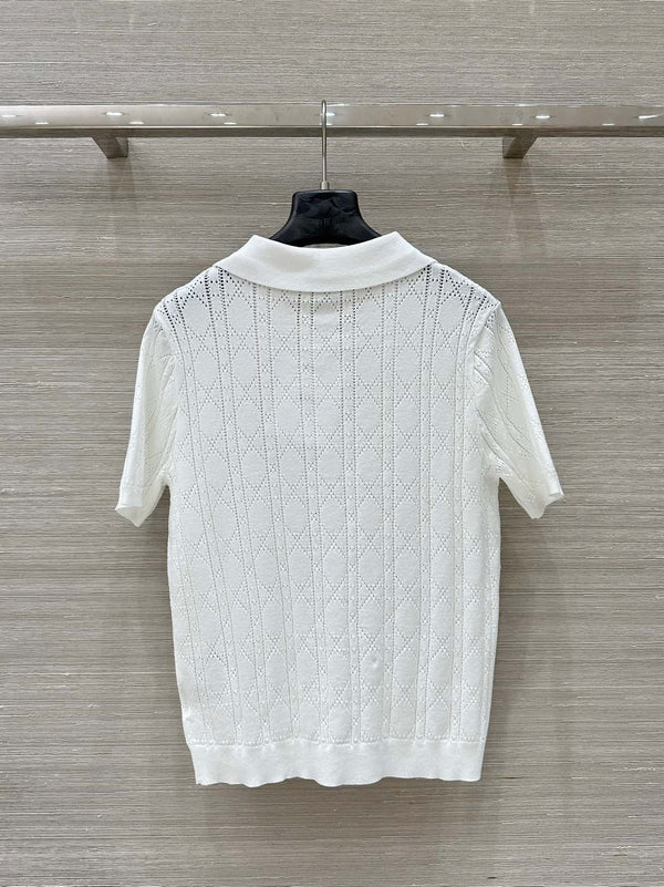 CD 25 Hollow Polo Knitted Short-sleeved Top White Silk Wool