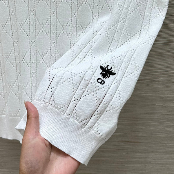 CD 25 Hollow Polo Knitted Short-sleeved Top White Silk Wool