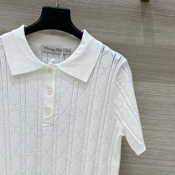 CD 25 Hollow Polo Knitted Short-sleeved Top White Silk Wool